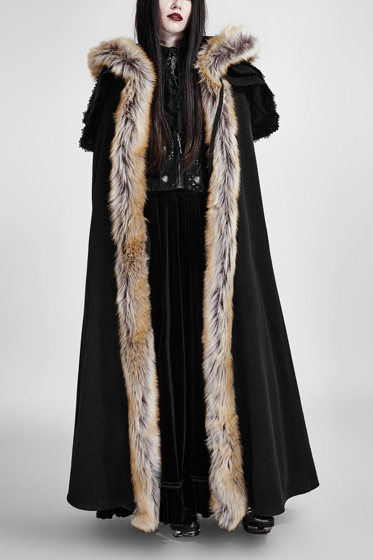 Women's Gothic Coat Cloak with Hooded Fur Collar Wool Long Design