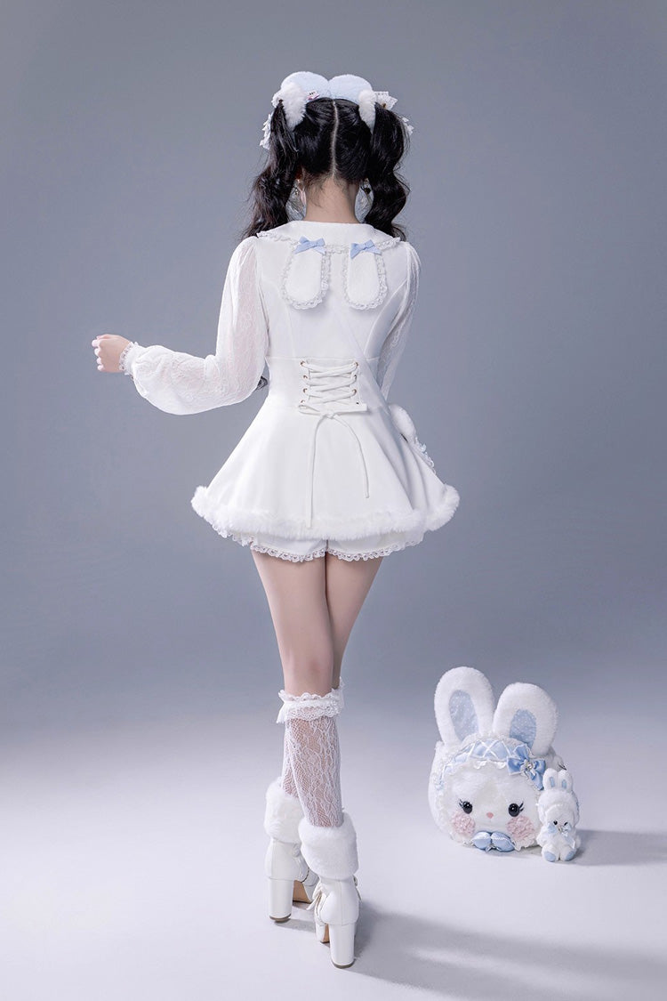 White Long Sleeve Ruffled Bow Lace-Up Jirai Kei Plush Set