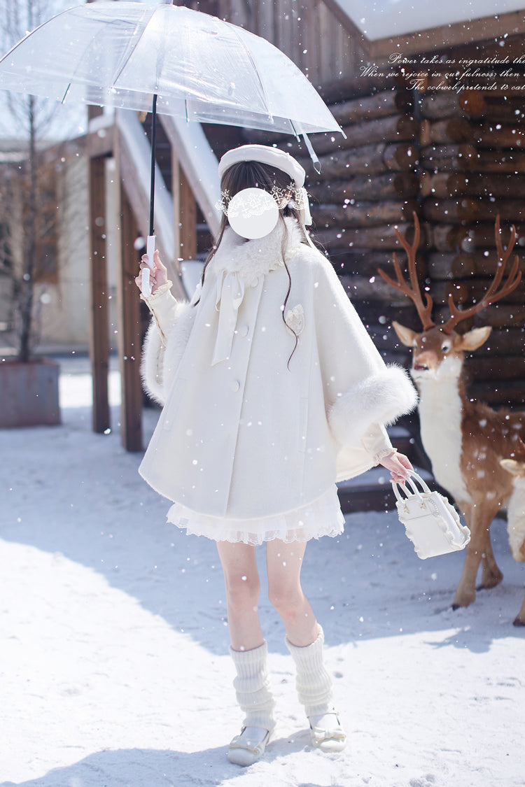 Ivory Lace Sweet Japanese Fluffy Cape Coat