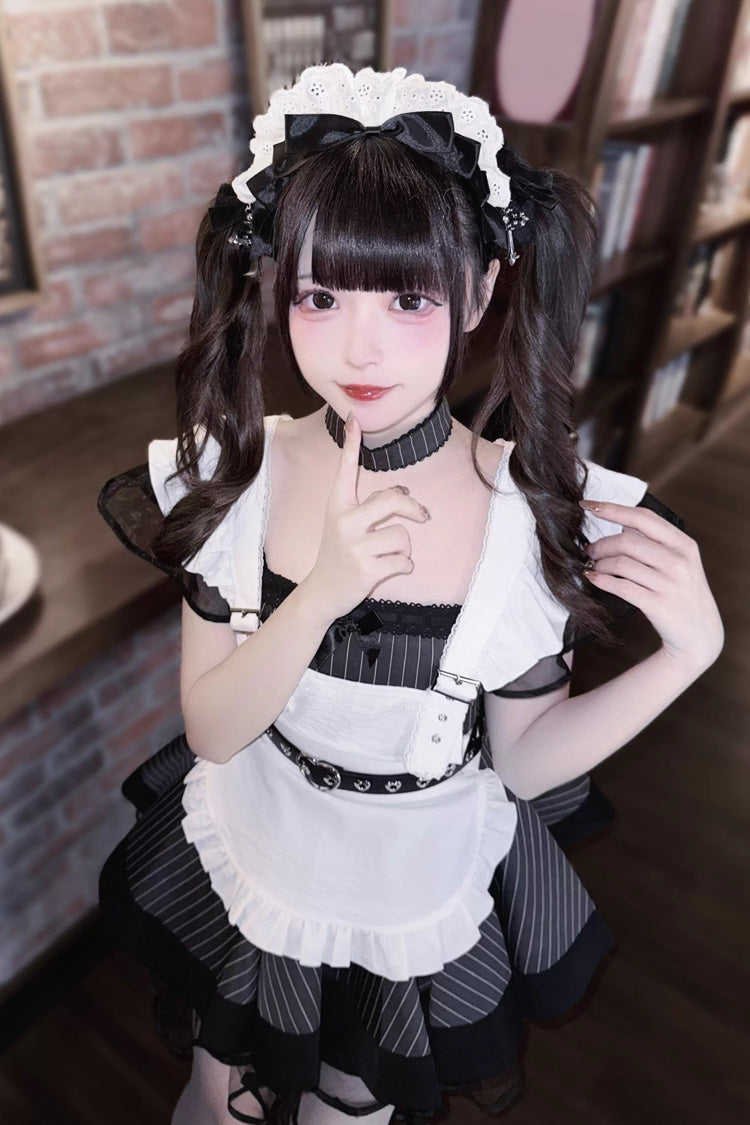 Jirai Kei Dress with Stripe Print, Ruffle, Short Sleeves, Grey/Black