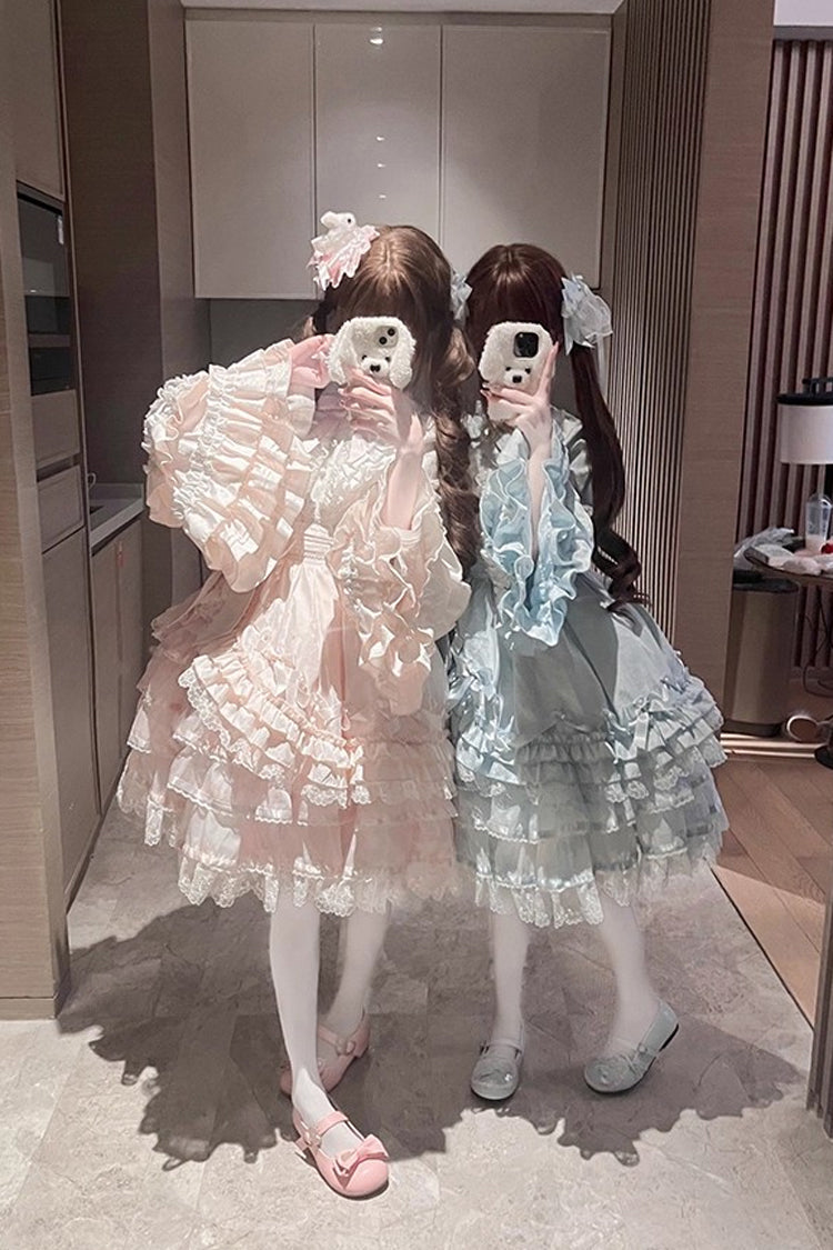 Soloist Doll Long Hime Sleeve Layered Print Ruffle Asymmetric Sweet Lolita Dress