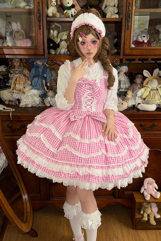 Pink Plaid Floral Ruffle Lace Up Sweet Lolita Dress