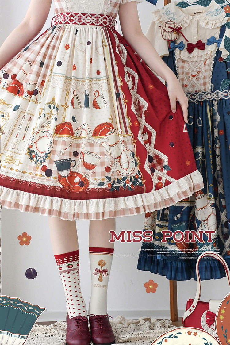 Crimson Tea Party Short Sleeve Printed Ruffled Bow Lace Sweet Elegant Lolita Gown