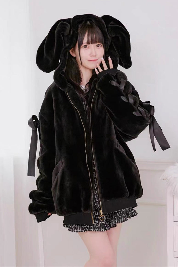 Rabbit-Ear Hooded Bow Lace-Up Long-Sleeve Noir Coat