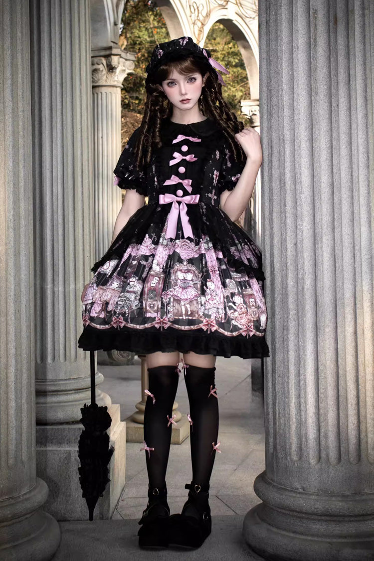 Ruffled Lace Dress with Bowknot and Missing Lamb Print