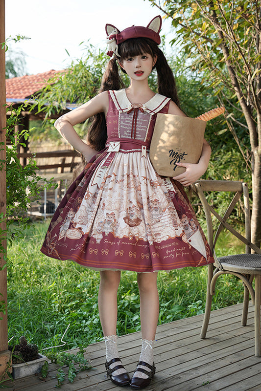Wine Red Fox Print Square Collar Bowknot Classic Lolita Jumper