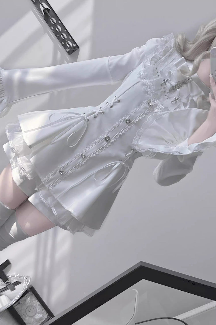 Ivory Flared Sleeves Bow Accent Lace-Up Dark Jirai Kei Set