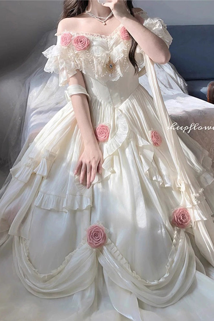 Ivory Rose Print Strapless Dress with Bowknot - Elegant