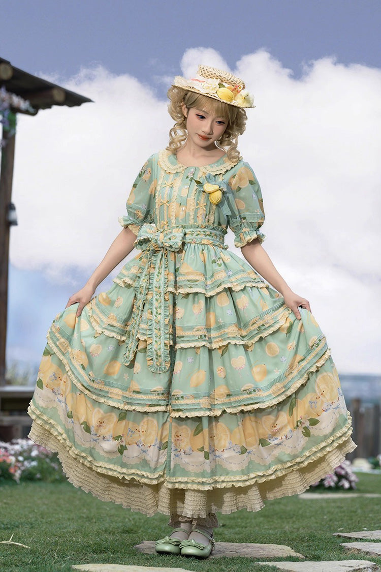 Triple-Layered Print Ruffled Bow Lace Sweet Gorgeous Lolita Dress - Green Lemon Chicken