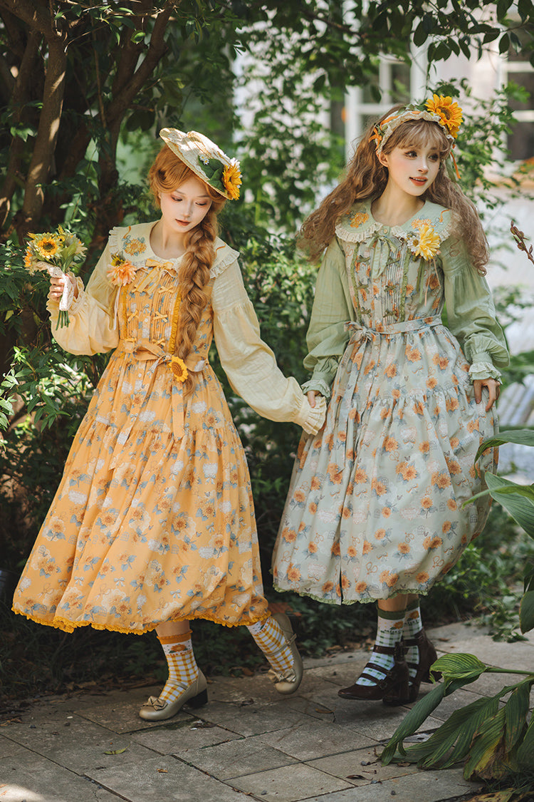 Green Sunflower Sleeveless Floral Bow Elegant Jsk Dress