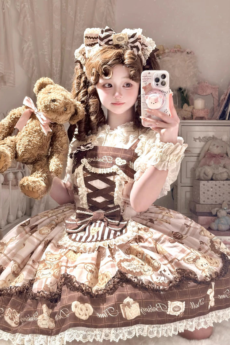 Doll Tea Party Sleeveless Printed Ruffle Bow Corset Sweet Lolita JSK Dress in Three Shades