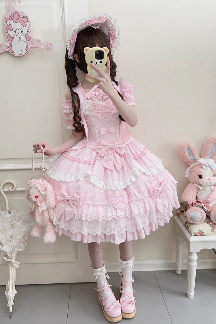 Blush Triple-Tier Ruffle Bow Elegant Lolita JSK - Super Cute Belia