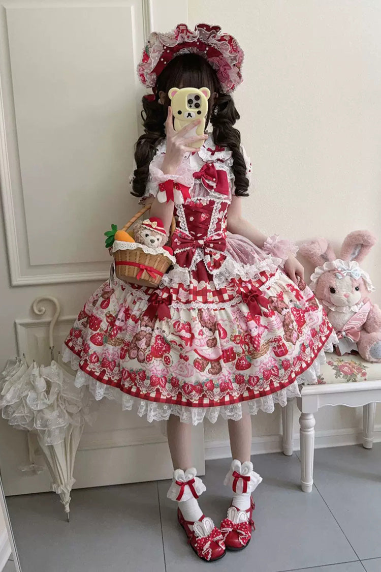 Crimson Sweet Berry Bunny Bear Printed Bow Lace Laced Sweet Lolita Jumper Dress