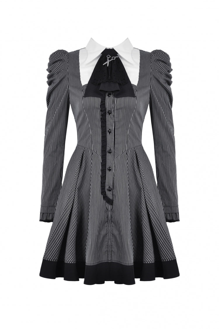 Black/White Notch Collar Puff Sleeve Gothic Striped Preppy Dress