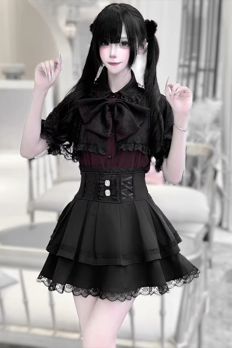 Gothic Embroidered Ruffled Top and Skirt Set with Lace-Up - Dark Moon Shadow