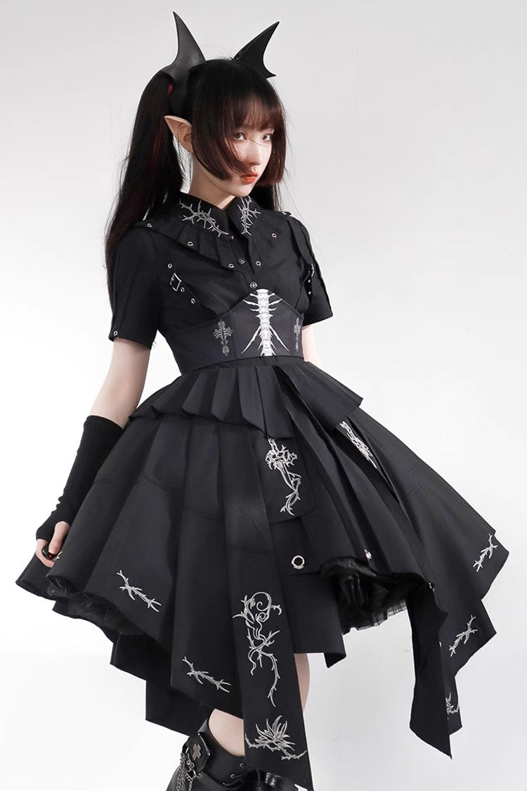 Nocturnal Rose Print Short-Sleeve Elegant Gothic JSK Dress
