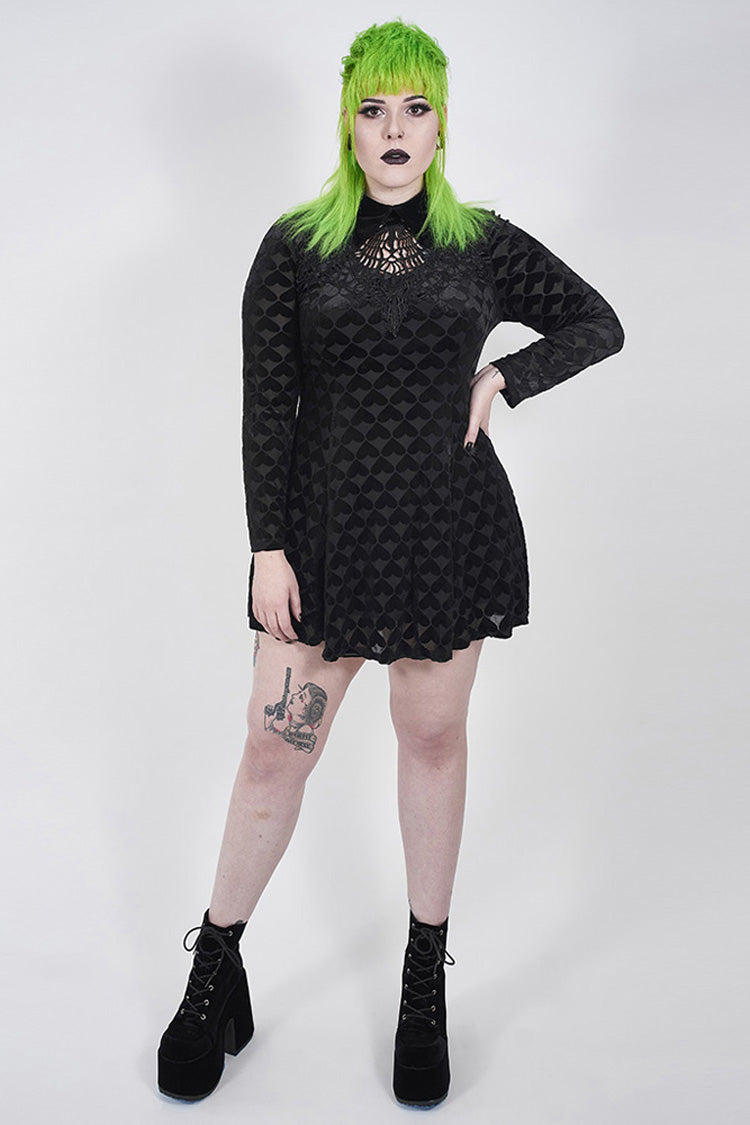 Plus Size Gothic Dress for Women in Black with Hollow-Out Decals, Long Sleeves & Velvet Print