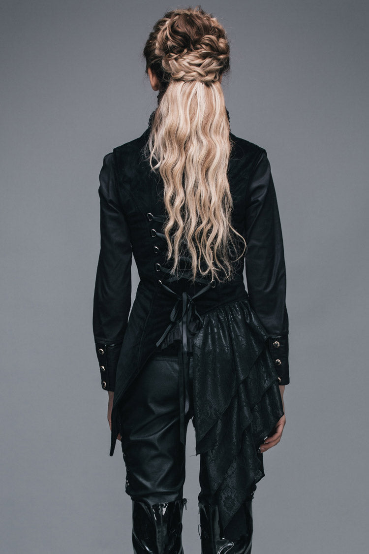 Noir Velvet Gothic Waistcoat with Frog Closures and Asymmetric Hem