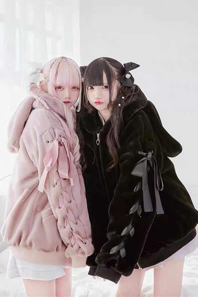 Rabbit-Ear Hooded Bow Lace-Up Long-Sleeve Noir Coat