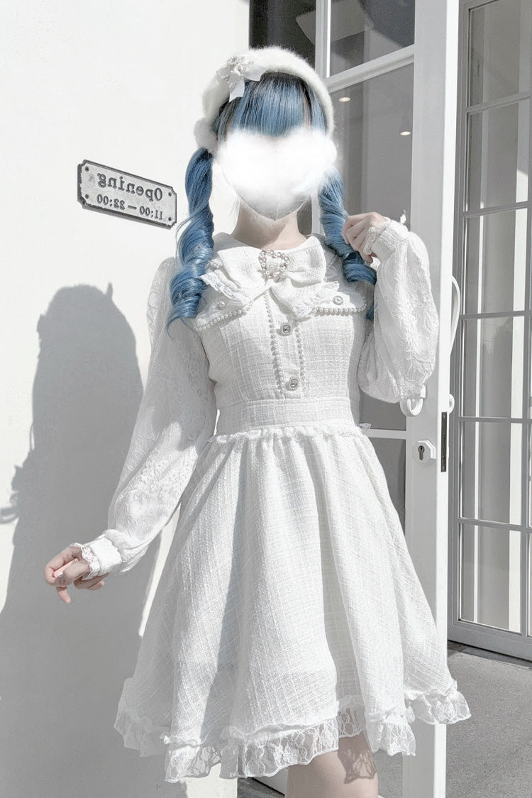 Ivory Bow Lace Pearl Sweet Dark Jirai Kei Dress