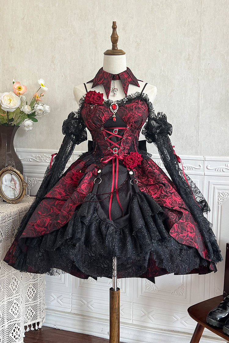 Black and Red Jacquard Print Gothic Lolita Dress with Lace-Up