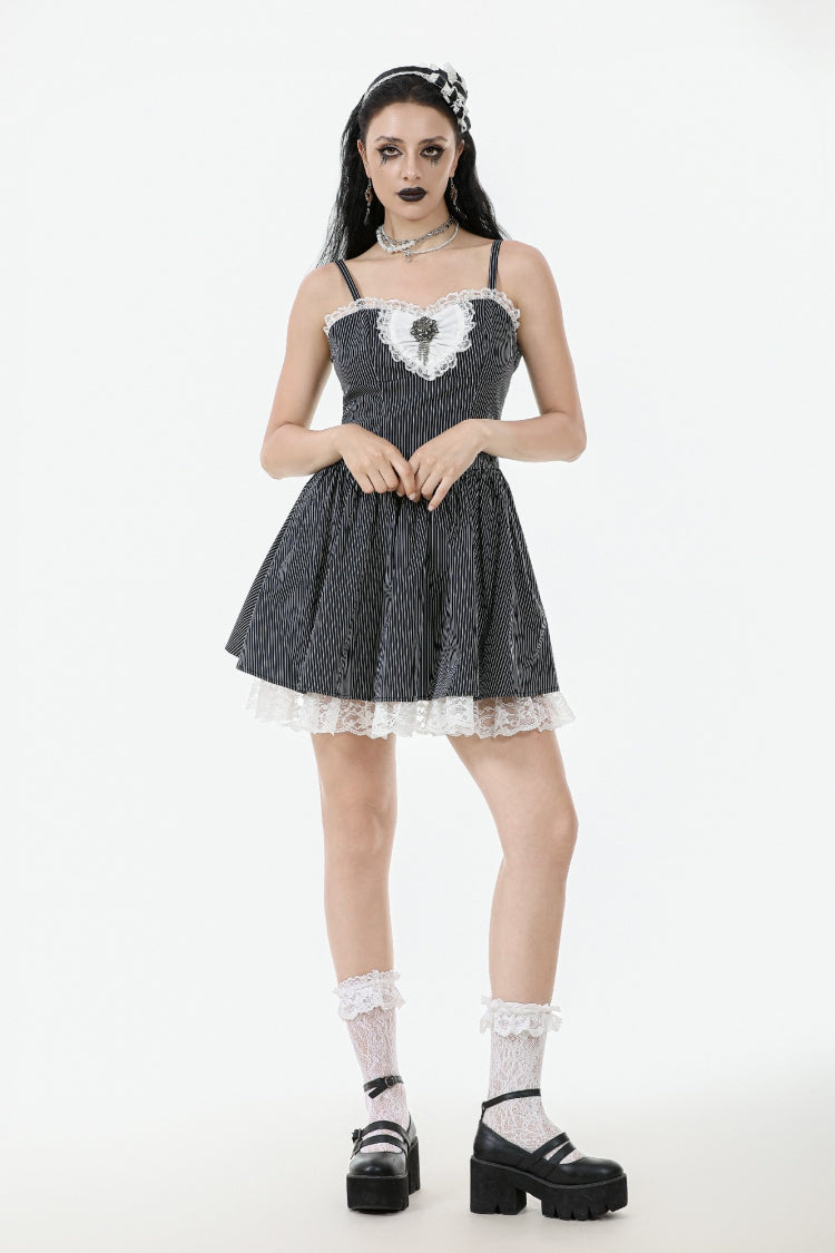 Monochrome Gothic Lolita Slip Dress with Pinstripes and Lace-Up Details