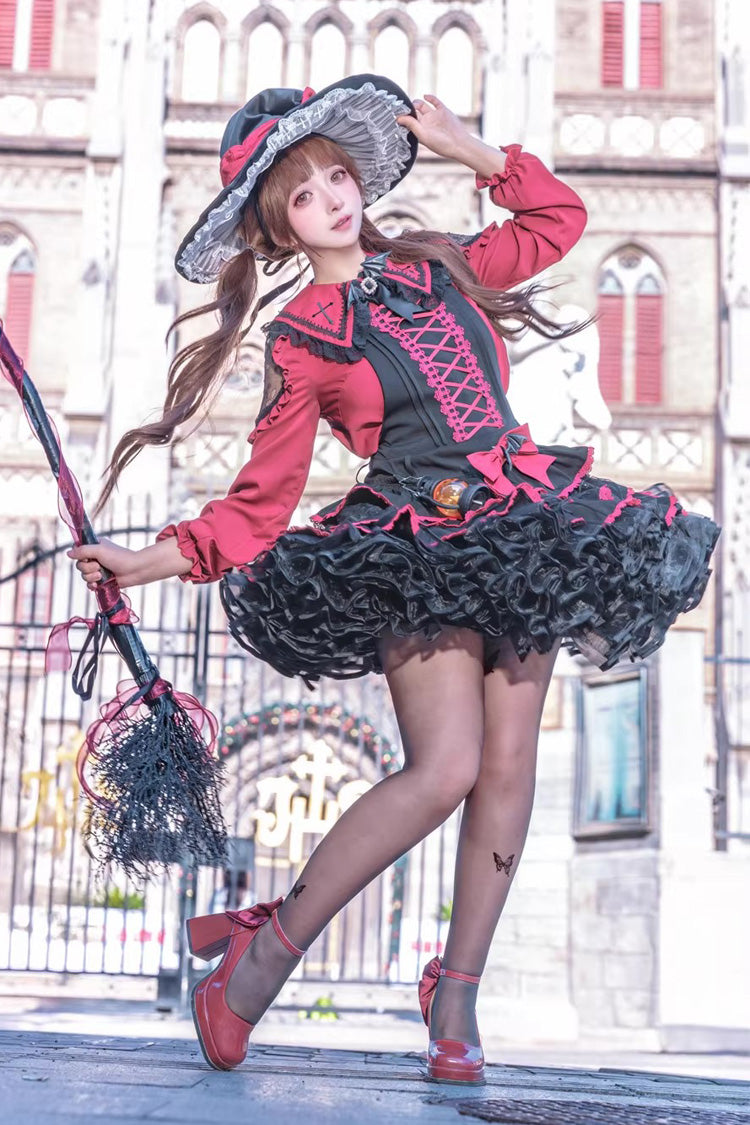 Black Red Showa Cake Sleeveless Triple-Layered Ruffled Bow Lace-Up Witch Gothic Jsk Dress