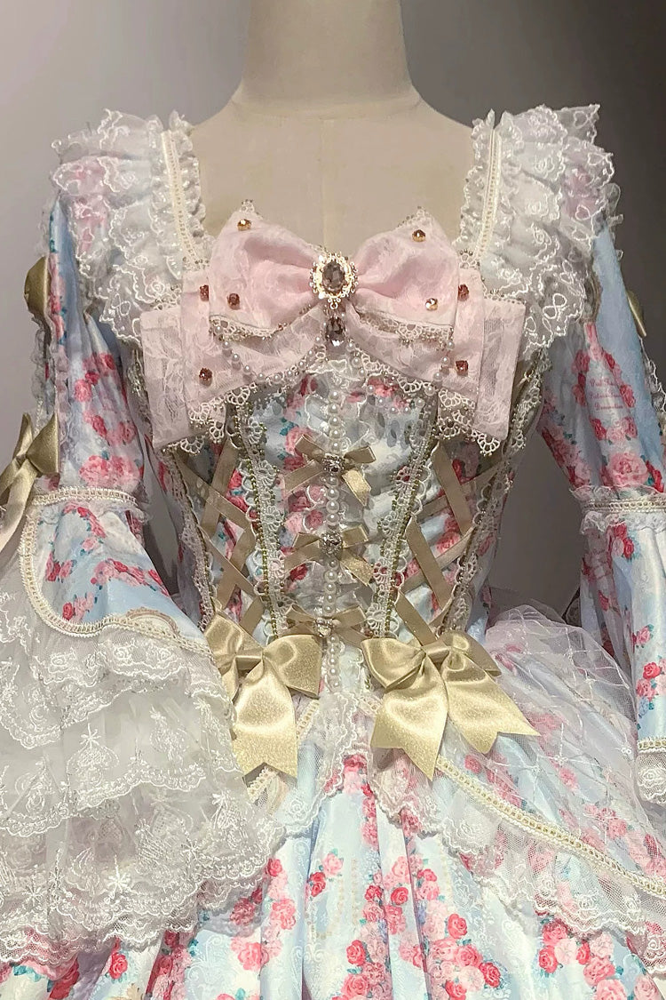 Blue/Pink [Rose Garden Prelude] Square Collar Long Trumpet Sleeves Printed Ruffled Bow Lace Lace-Up Sweet Lolita Dress