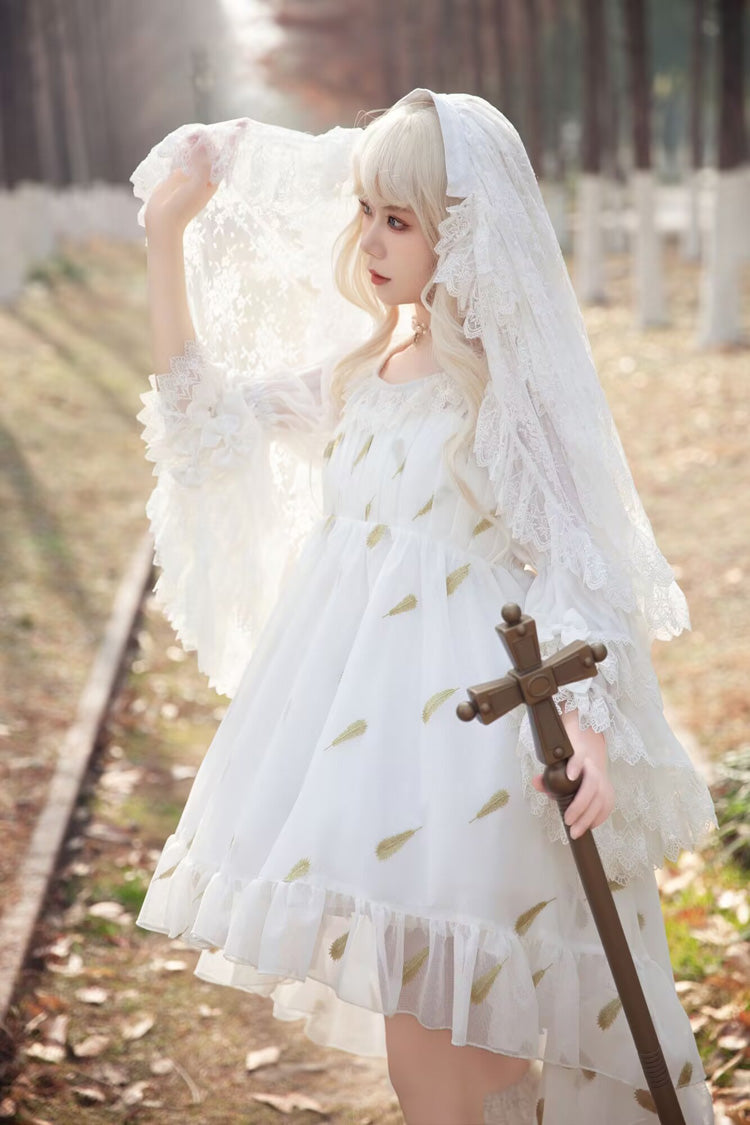Feather Snowflake Embroidery Sleeveless Ruffle Bow Sweet Lolita JSK in Three Shades