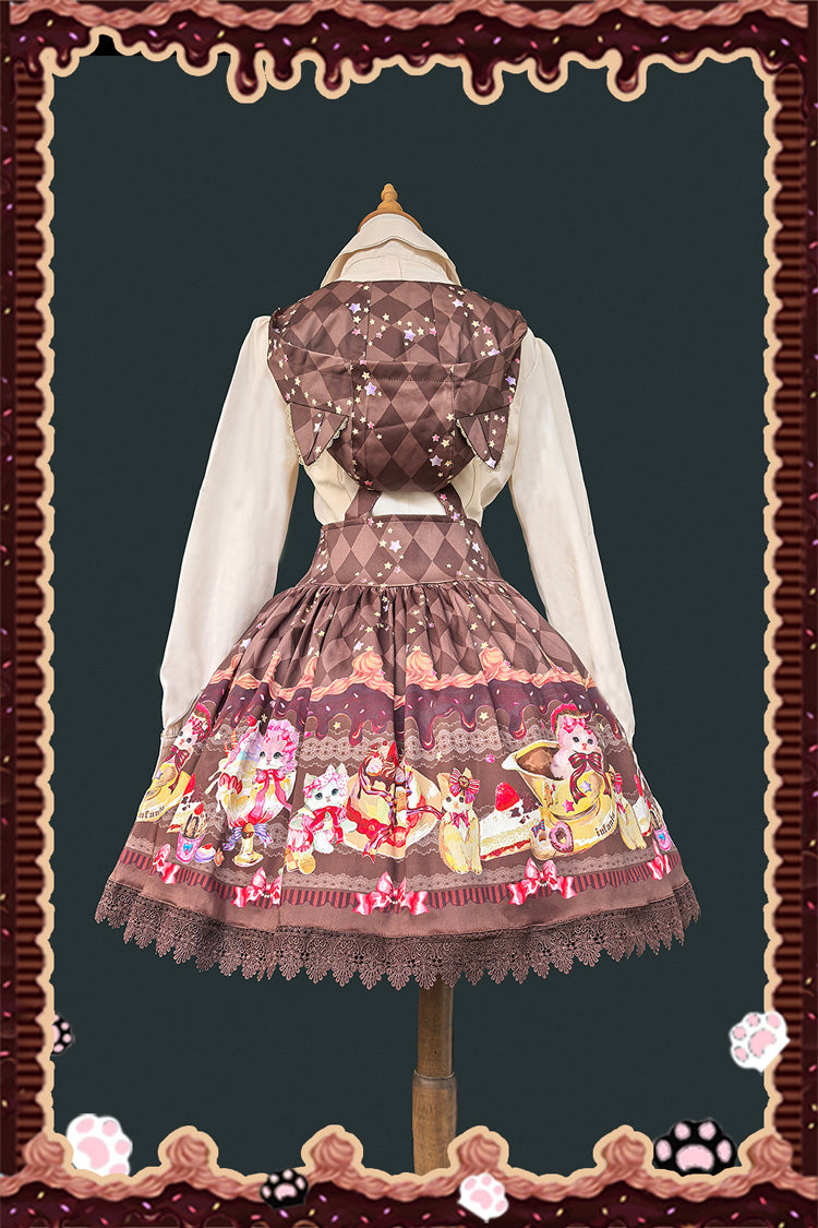Hooded Strap Dress with Print and Bow in 3 Shades - Cream Meow