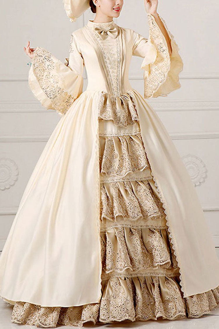 Ruffled Bowknot Victorian Gown with Trumpet Sleeves - High Waisted