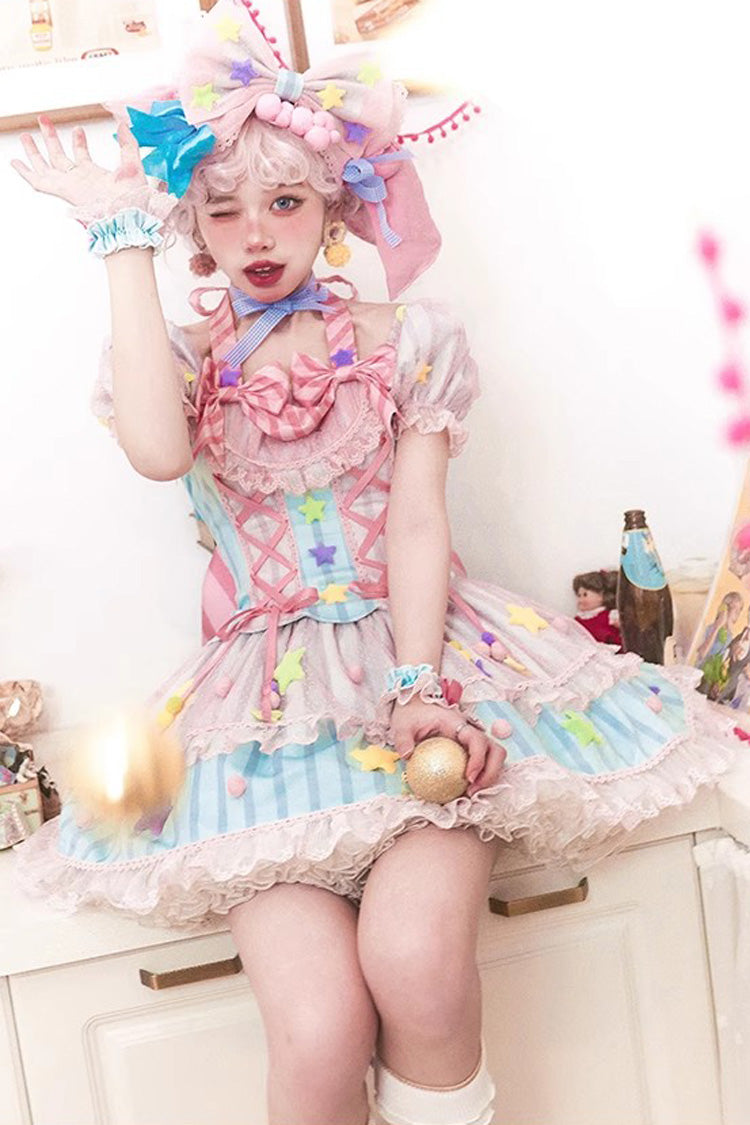 Pink Sugar Magic Printed Ruffle Bow Lace-Up Lolita Gown