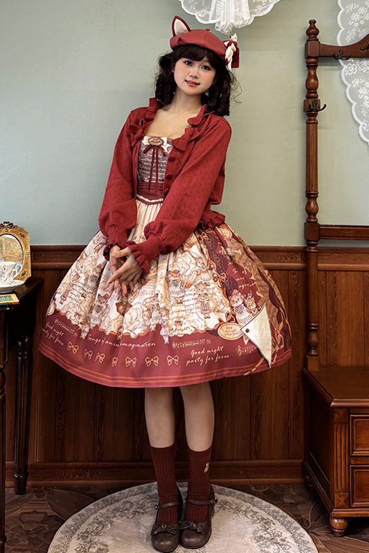 Wine Red Fox Print Square Collar Bowknot Classic Lolita Jumper