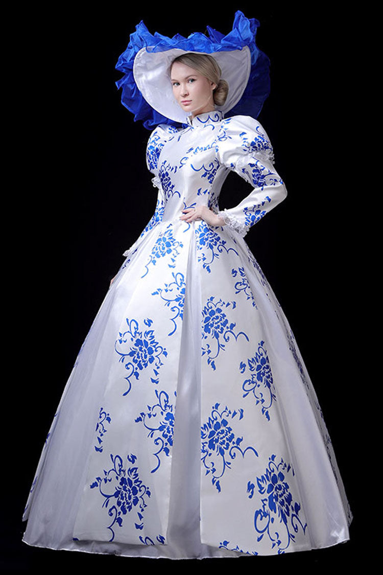 Blue and White Porcelain Victorian Dress with Stand Collar - Altfashion Shop