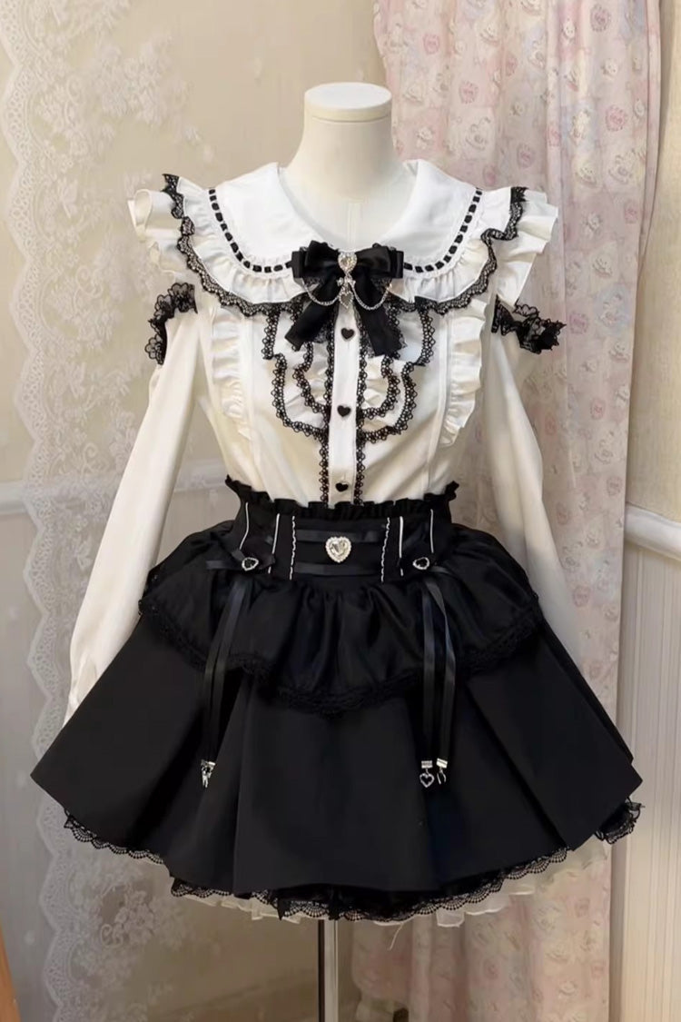 Doll Collar Long Sleeves Ruffled Bow Sweet Jirai Kei Skirt Set