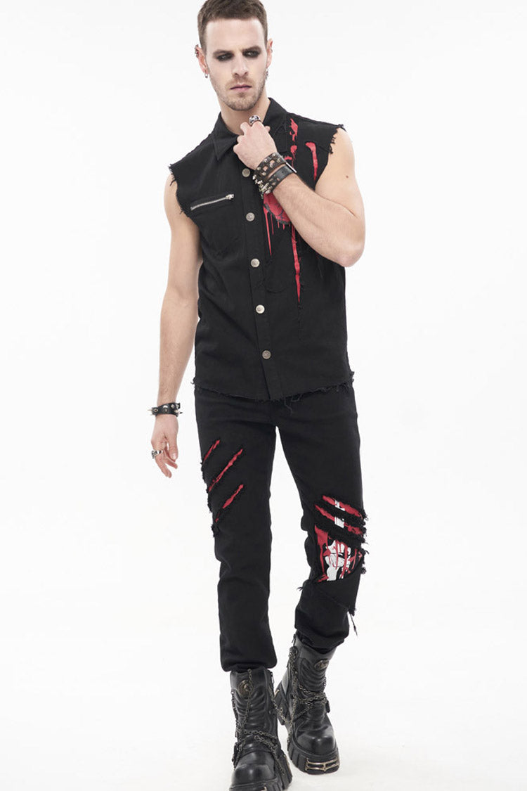 Ripped Leg-Bone Print Punk Trousers in Twill