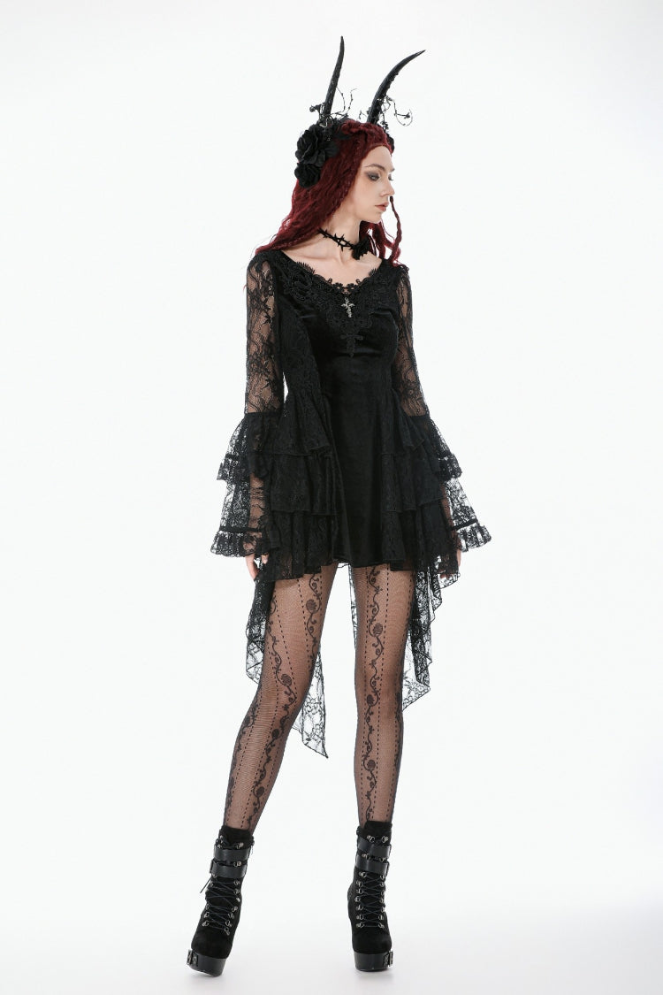 Gothic Dress with Trumpet Sleeves and Lace Up