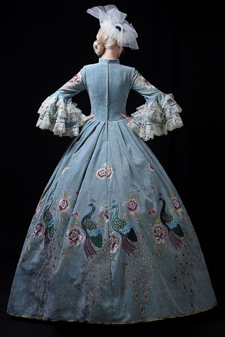 Blue Peacock Embroidery Victorian Gown - Multi-Layer Trumpet Sleeves