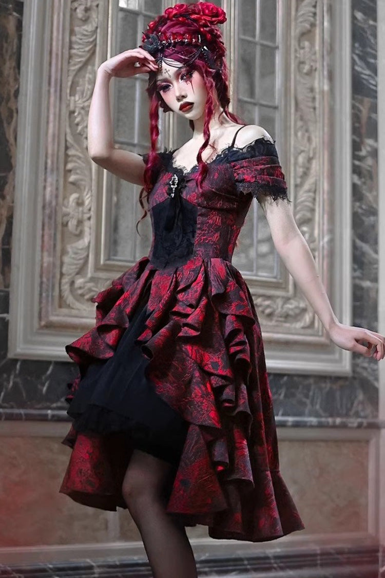 Black Red Feast in Hades Short Sleeve Print Ruffle Cardigan Dress