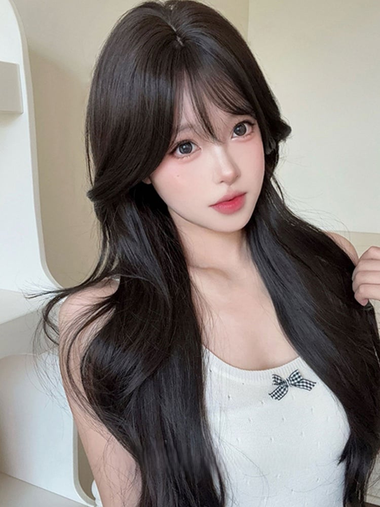 Wig Curtain 73CM Length With Bangs Wavy Tea Black