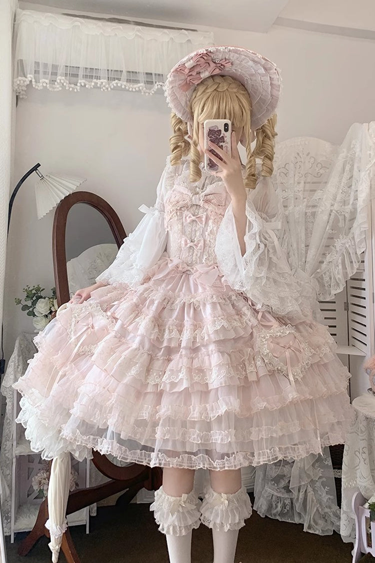 Rosy Ruffle Cascade Bow Embellished Sweetheart Lolita Jumper Dress - Sweetheart Diary