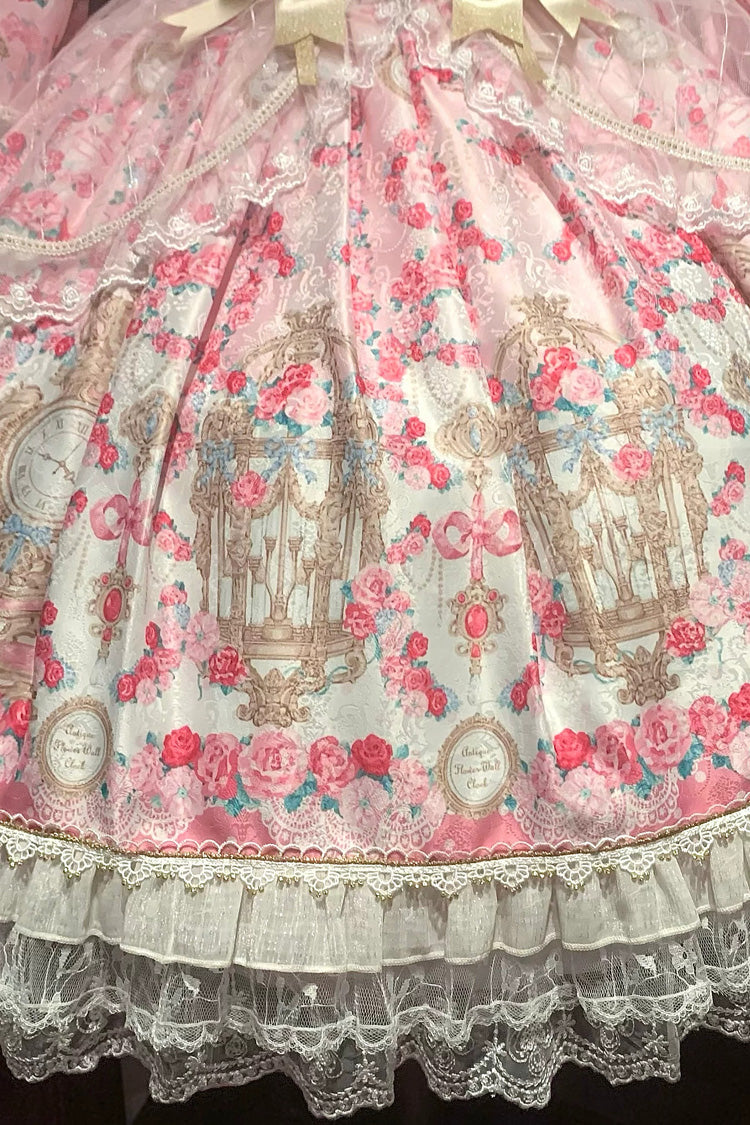 Pink [Rose Garden Prelude] Square Collar Long Trumpet Sleeves Printed Ruffled Bow Lace Lace-Up Sweet Lolita Dress