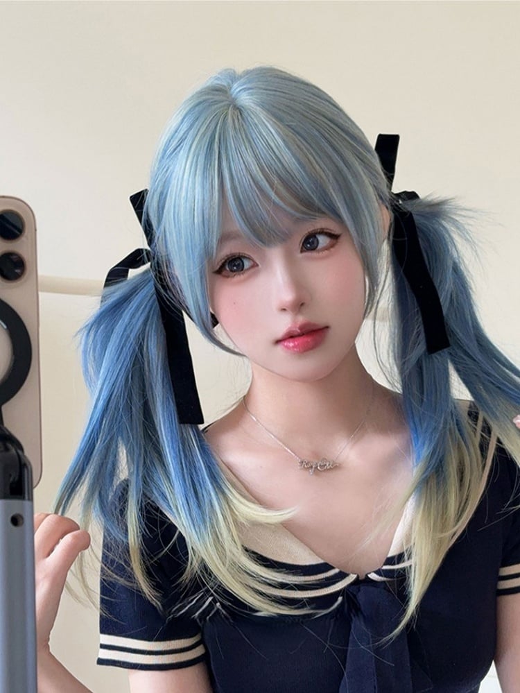 65CM Length Color Straight With Air Wig Hime Ombre Blue Cut Bangs Hair