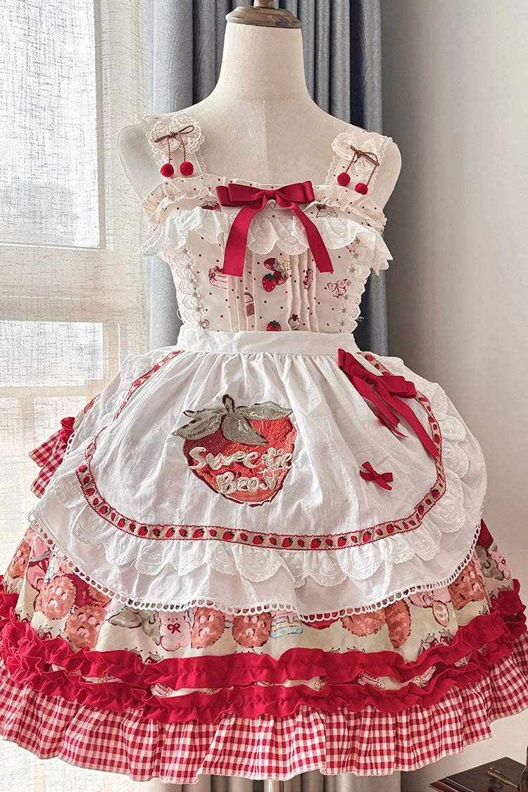 Crimson Strawberry Bear Print Sleeveless Dual-Layer Frill Bow Princess Sweet Lolita JSK