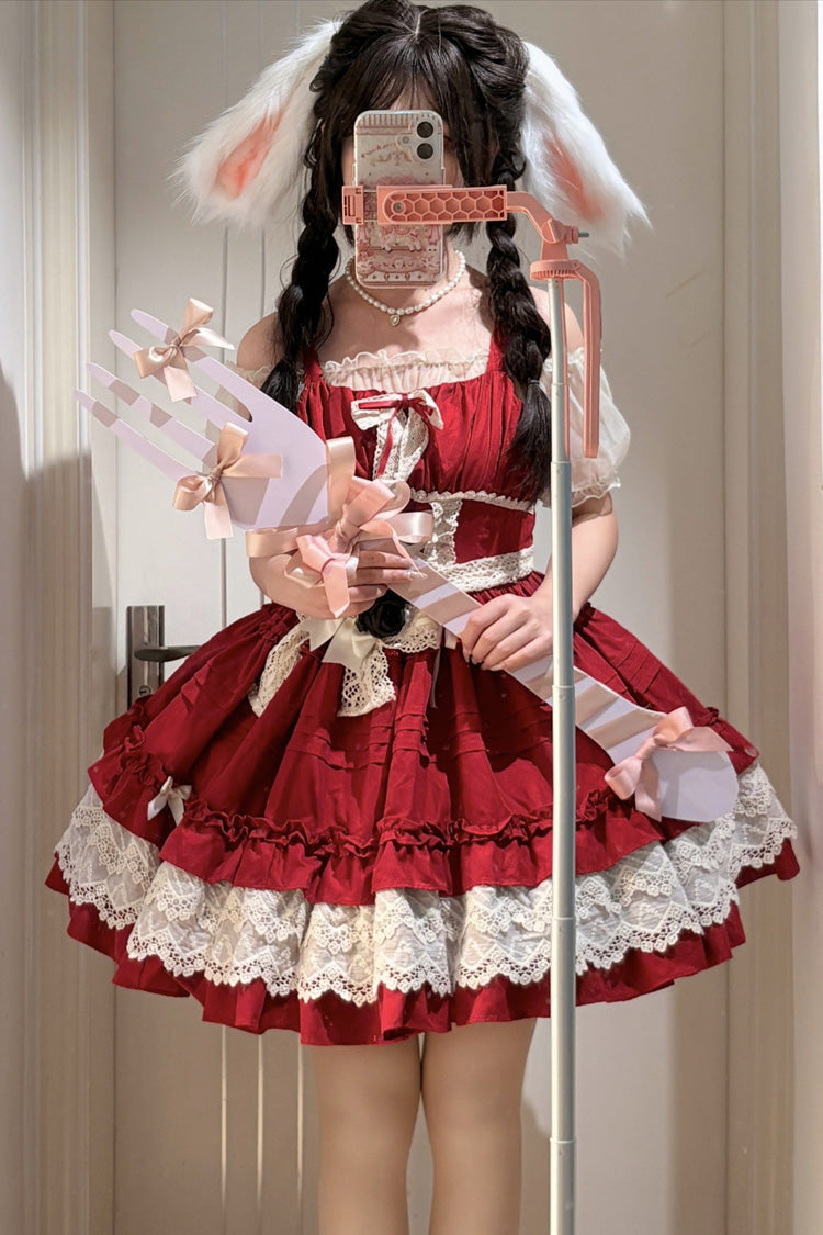 Crimson Vivian Off-Shoulder Short Sleeve Ruffled Bow Lace Sweet Princess Lolita Gown