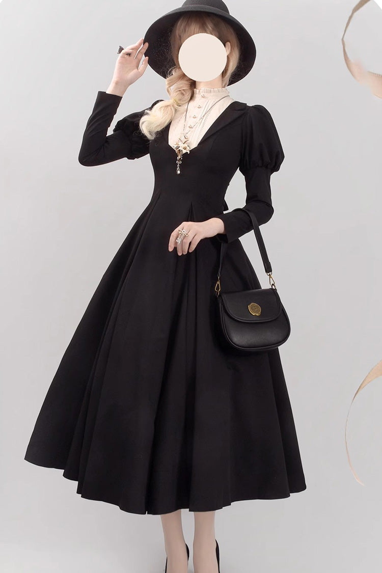 Black Nun Long Puff Sleeve High Waist Gothic Plus Size Dress