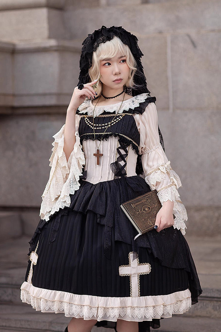 Black Gothic Lolita Dress with Cross Embroidery and Eternal Life Song Print