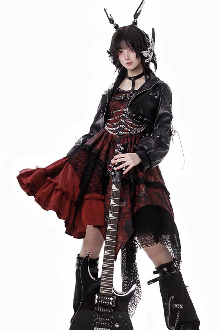 Crimson Bloody Strawberry Tears Print Sleeveless Frill Bow Lace Asymmetrical Gothic Lolita JSK