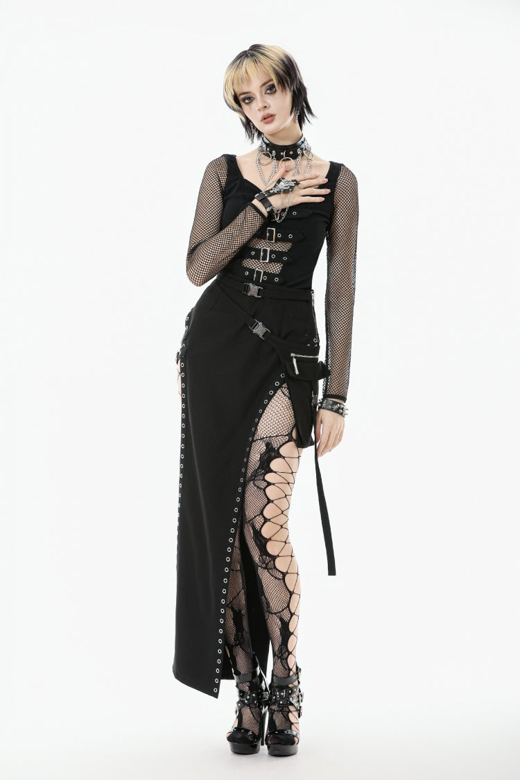 Long-Sleeve Punk Top with Buckled Straps and Mesh Panels