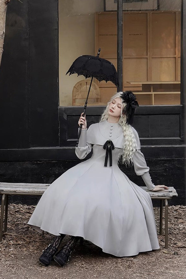 Gothic Elegant Lolita Dress with Slim Fit, Long Sleeves, Grey Thirteenth Evening